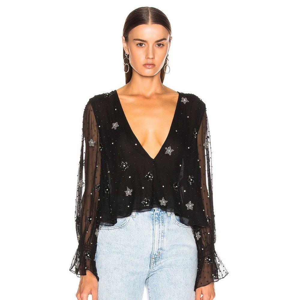 AMIRI Star Embellished Bead Silk Chiffon Blouse S